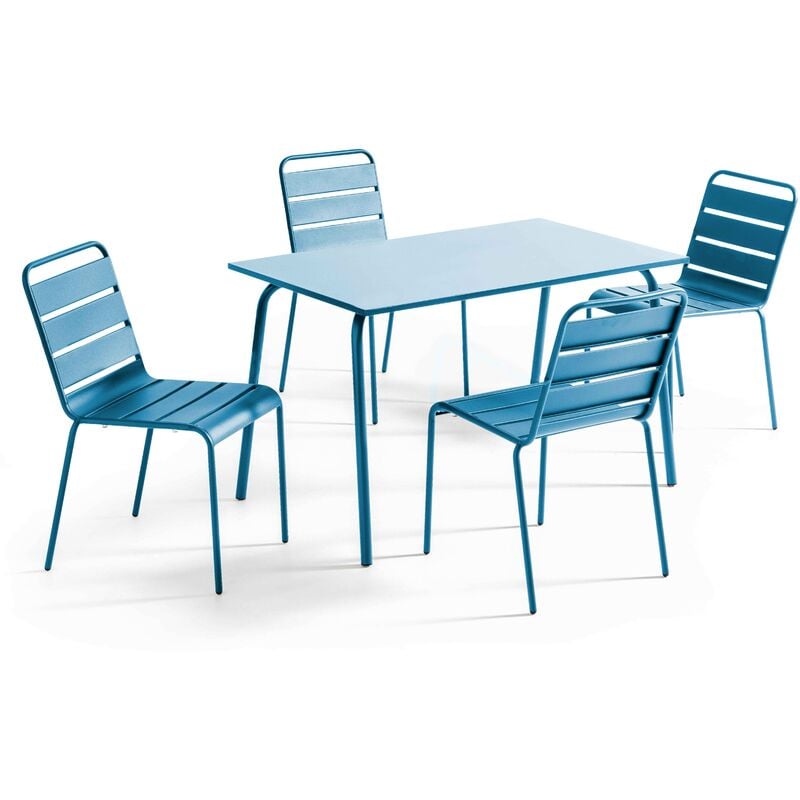 Ensemble table de jardin en métal et 4 chaises bleu pacific - Palavas
