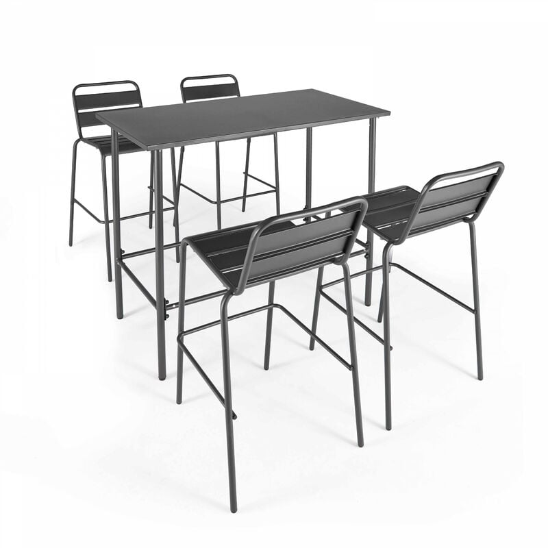 Oviala - Ensemble table haute et 4 chaises de bar en métal gris - Palavas - Gris Anthracite
