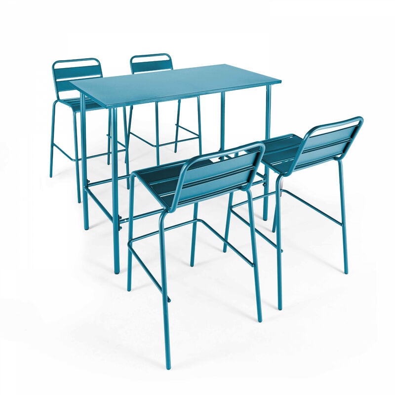 Oviala - Ensemble table haute et 4 chaises de bar en métal bleu pacific - Palavas - Bleu Pacific