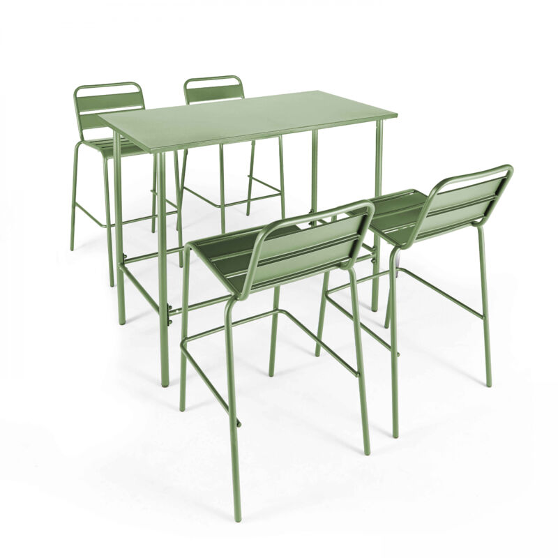 Ensemble table haute et 4 chaises de bar en métal vert cactus - Palavas