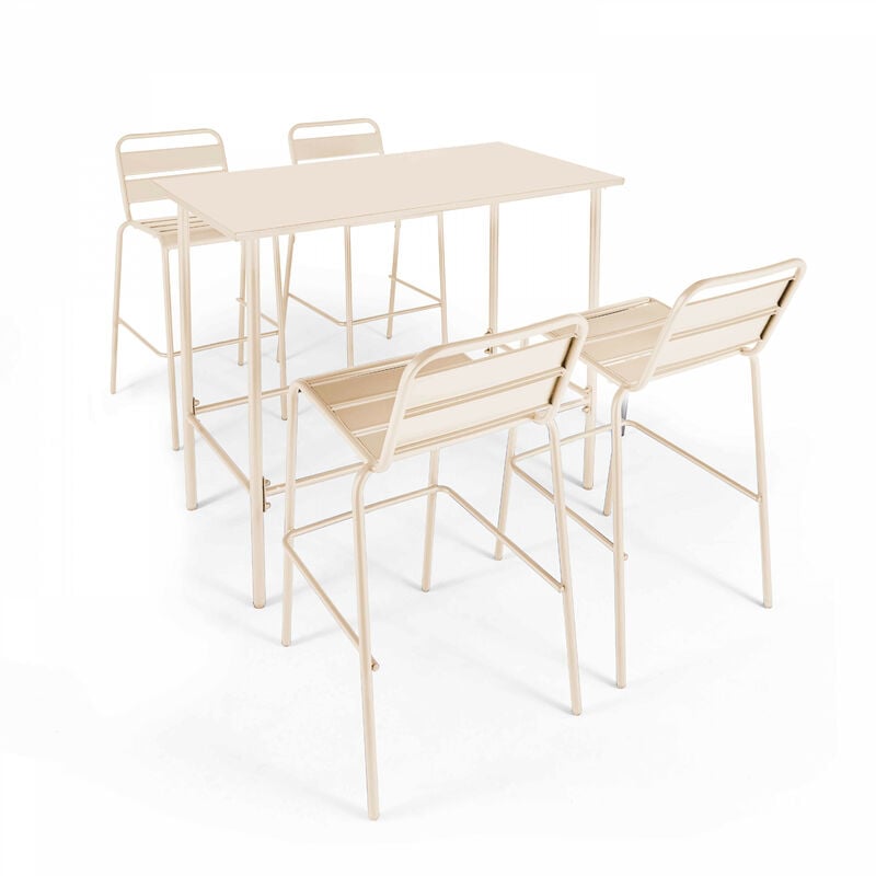oviala - ensemble table haute et 4 chaises de bar en métal ivoire - palavas - ivoire