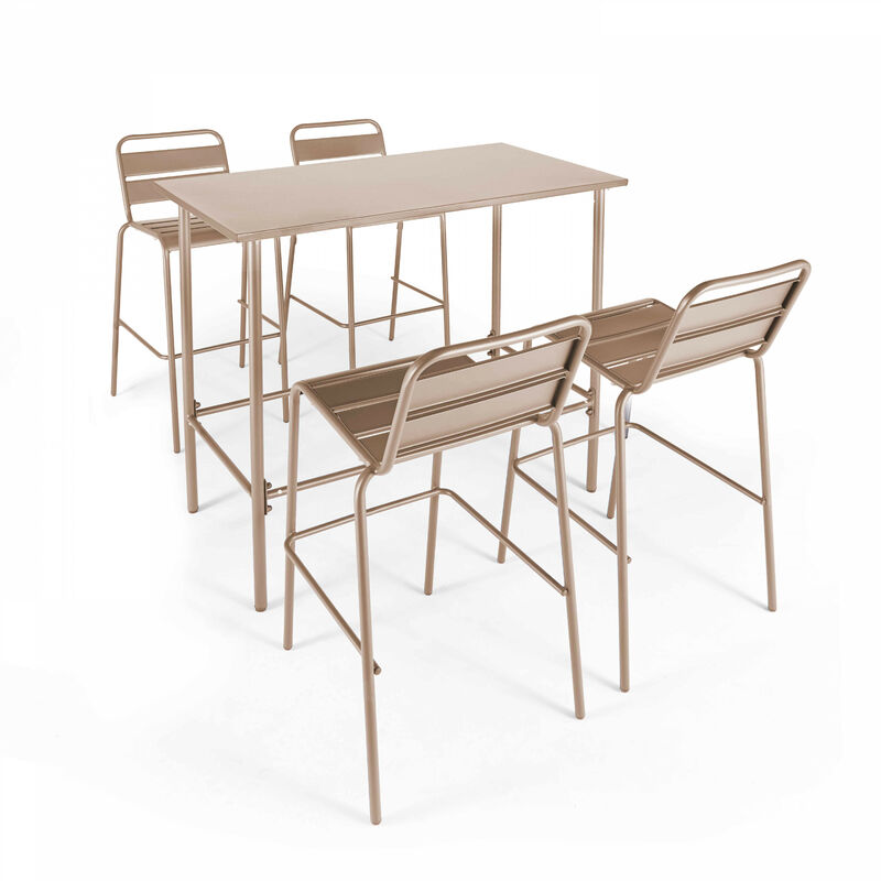 Oviala - Ensemble table haute et 4 chaises de bar en métal taupe - Palavas - Taupe