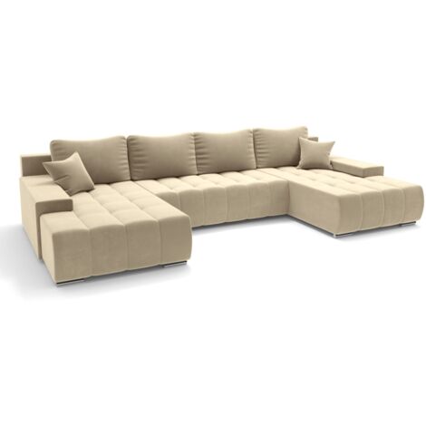 PALERMO - Canapé panoramique et convertible avec coffre de rangement en velours beige - Beige