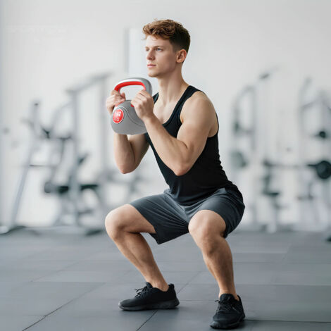 Palestra Kettlebell 14kg in PU e Sabbia con Base Piatta e Impugnatura pratica per Stacchi, Squat e Sollevamenti, 26x18x32 cm, Rosso