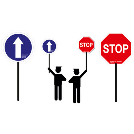 Paleta manual de señalización a dos caras con stop y sentido obligatorio, pvc 2 mm, ø 30 cm