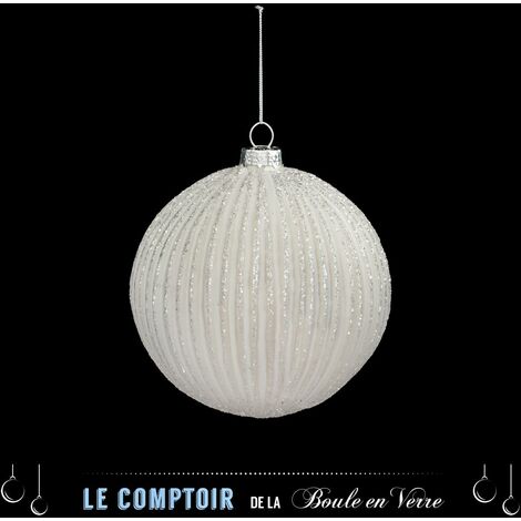 Palla glitterata a righe 10 cm in vetro bianco - Atmosphera créateur d'intérieur