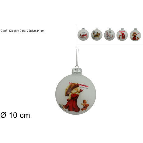 PALLA VETRO DIAMETRO 10 CM BIANCA MERRY CHRISTMAS CON DECORO ASSORTITI (1 PEZZO, INVIO CASUALE)