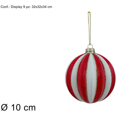 PALLA VETRO DIAMETRO 10 CM CON STRISCE ROSSO/BIANCO