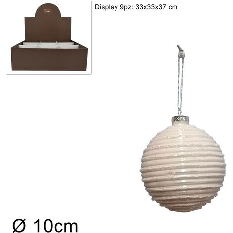 PALLA VETRO DIAMETRO 10 CM RIGATA CON GLITTER BIANCO