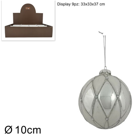 PALLA VETRO DIAMETRO 10 CM ROMBI CON DIAMANTI ARGENTO