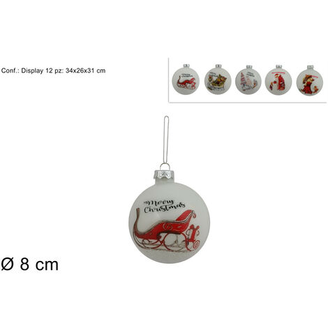 PALLA VETRO DIAMETRO 8 CM BIANCA MERRY CHRISTMAS CON DECORO ASSORTITI ( 1PEZZO, INVIO CASUALE)