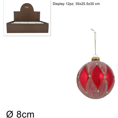PALLA VETRO DIAMETRO 8 CM  ROMBI CON DIAMANTE ROSSO