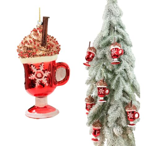 Pallina di vetro a forma di tazza di cioccolata calda con cannella e granella 13 x 7 x 6 cm
