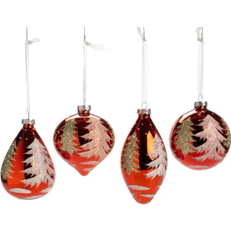 Pallina in vetro colore rosso con alberi glitterati per albero di Natale, set da 4 pezzi