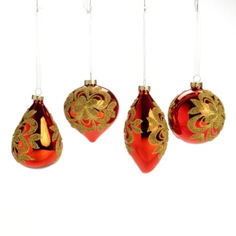 Pallina in vetro colore rosso con fiore per albero di Natale, set da 4 pezzi