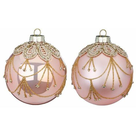 PALLINA IN VETRO ROSA PERLATO CON DECORI STILE PIZZO IN ORO PREZZO CAD UNO