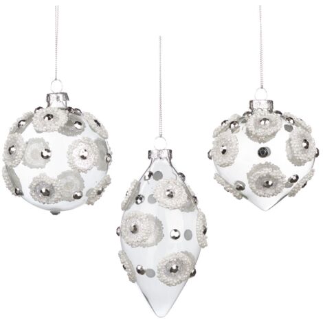 Pallina in vetro trasparente con decorazioni argento per albero di Natale da Ø 8 cm, set da 3 pezzi