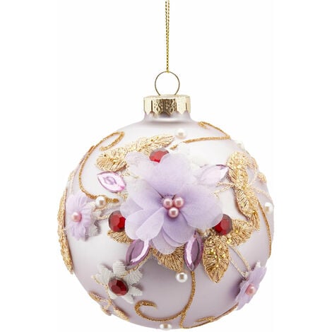 Pallina per albero di Natale in vetro con Fiori e Perle rosa da 10 cm