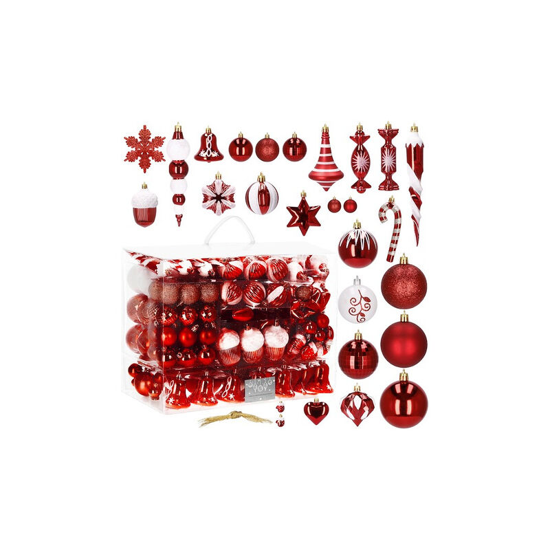 Image of SPRINGOS Palline per albero di Natale 153 pezzi, rosse, infrangibili, forme diverse, un set, Natale, ornamenti per albero, decorazione.
