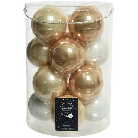 Palline di Natale in vetro da appendere 8 cm Perla, Caramello e Bianco. Set 16
