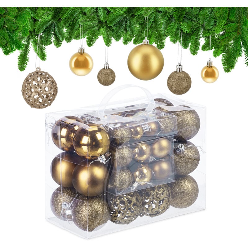 Palline di Natale, in Set da 50, Addobbi Natalizi, Opache, Lucide, Glitterate, ∅ 3,4 e 6 cm, Decorazioni, Oro - Relaxdays