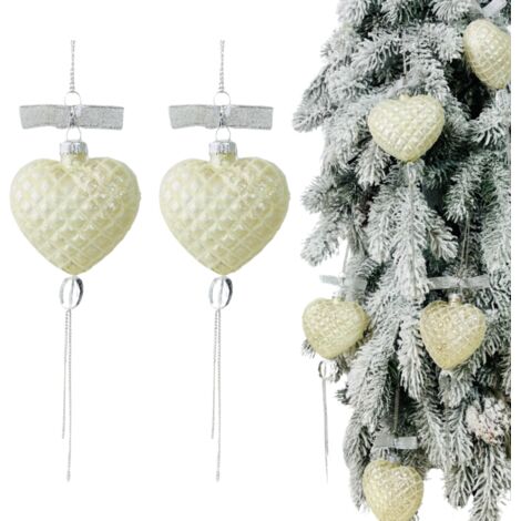 Palline di vetro color crema, decorate con cuori, diamanti e catene - set da 2, altezza 22 cm