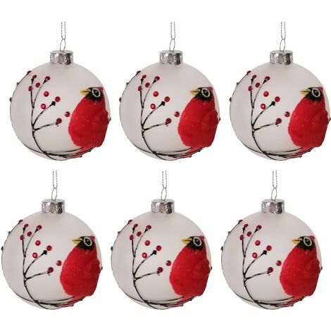Palline in vetro soffiato bianco opaco con uccello rosso per albero di Natale addobbi decorazioni natalizie set da 6
