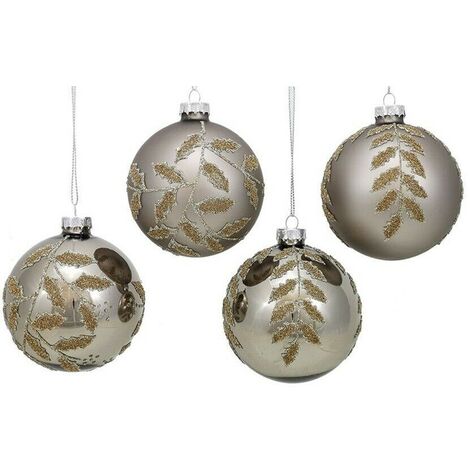Palline in vetro soffiato champagne e foglie oro decorazioni per albero di natale addobbi sfera cm8 natalizia set da 4