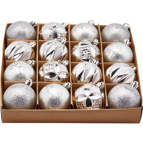 Palline per albero di Natale, colore Argento, con decorazioni miste, in PVC -4 palline da Ø 10 cm