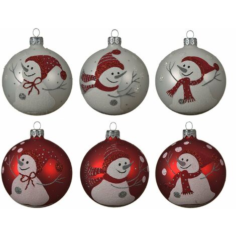 Palline per albero di natale in vetro color Bianco con Pupazzo di Neve da 8 cm, confezione da 6 pezzi