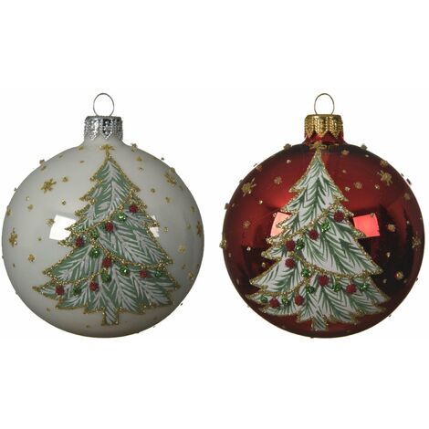 Palline per albero di natale in vetro color Rosso e Bianco con Albero da 8 cm, confezione da 6 pezzi