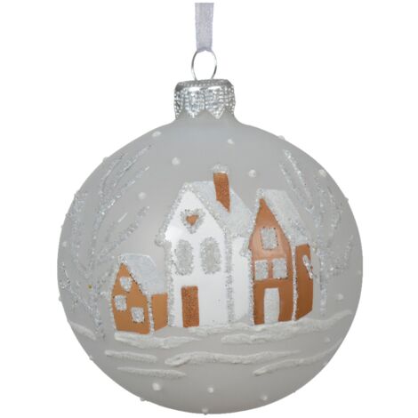 Palline per albero di Natale in vetro decorate bianca con con case innevate, 6 pezzi