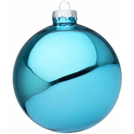 Palline per albero di Natale in vetro decorate color Celeste Puro Lucido -4 sfere da 10 cm