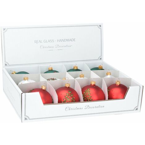 Palline per albero di Natale in vetro decorate con glitter color Rosso -12 sfere da 8 cm