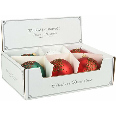 Palline per albero di Natale in vetro decorate con glitter color Rosso -6 sfere da 10 cm
