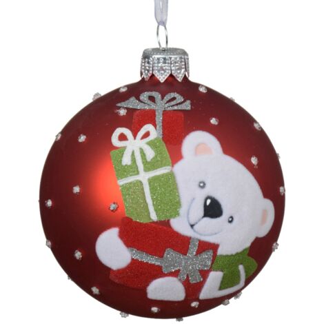 Palline per albero di Natale in vetro decorate rosso con orsetto, 6 pezzi
