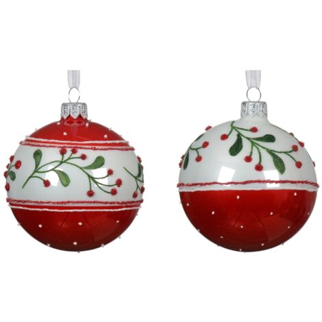Palline per albero di Natale in vetro decorate rosso e bianco con vischio, 6 pezzi