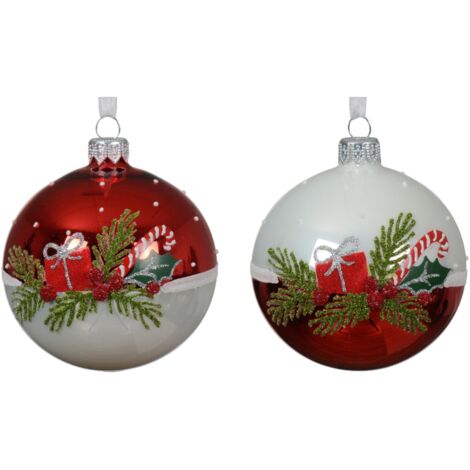 Palline per albero di Natale in vetro decorate rosso e bianco con vischio, 6 pezzi