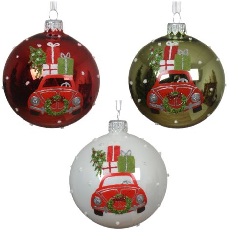 Palline per albero di Natale in vetro decorate verde, rosso e bianco con auto, 6 pezzi