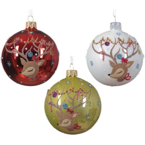 Palline per albero di Natale in vetro decorato con renna da Ø 8 cm, confezione da 12 pezzi