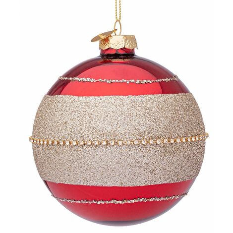 Palline per albero di Natale in vetro e medaglietta decorate color Rosso -6 sfere da 8 cm