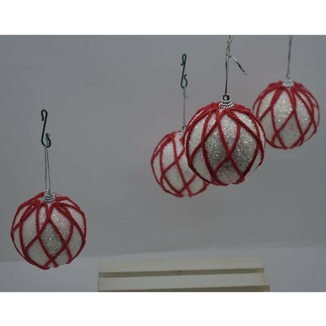 Palline rossa e bianca 10 cm 4pz con glitter da decorazioni addobbi natalizi per albero di natale