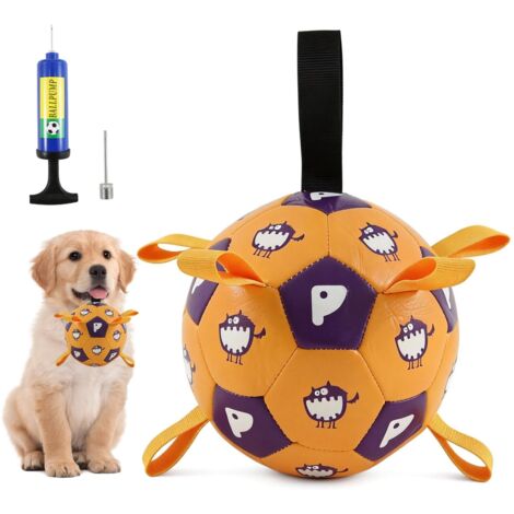 Pallone da calcio per cani con maniglia e pompa, giocattolo intelligente, adatto per razze piccole, medie e grandi, giallo, 15 cm