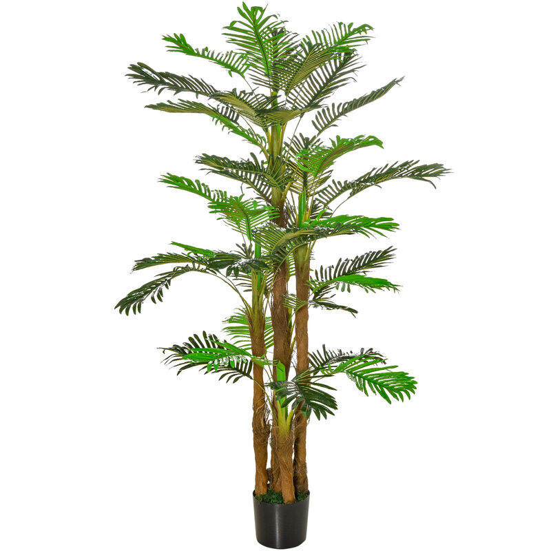 Palmier artificiel H.1,85 m arbre artificiel tronc branches lichen feuilles grand réalisme pot inclus - Vert