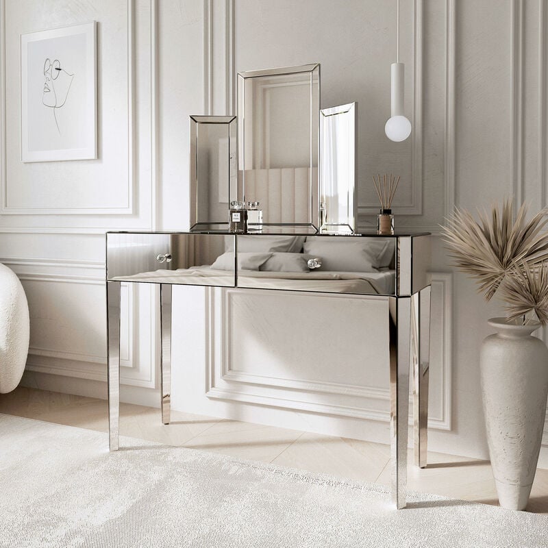 Carme Home - Paloma x Ivy Silver Mirrored Dressing Table with Tri-Fold Mirror