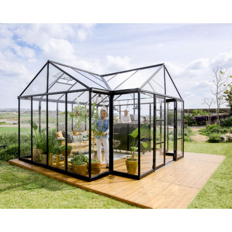 Palram - Canopia – Serre de jardin polycarbonate 17 m² – Cadre en aluminium noir – Hauteur 2,74 m – Évents automatiques pour circulation d'air