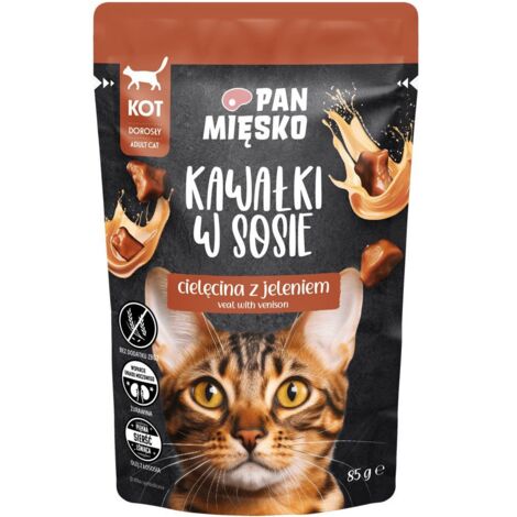 Pan Meat Alleinfuttermittel für Katzen Fleischstücke in Soße – 85-g-Beutel – Kalbfleisch mit Hirschfleisch 85 g