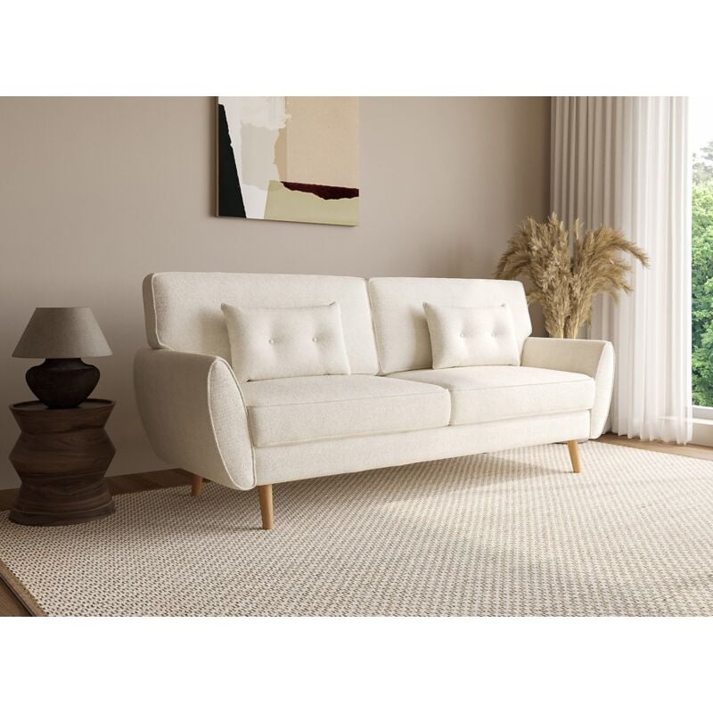 Panama - Canapé clic clac en tissu bouclette blanc écru avec pieds en bois panama