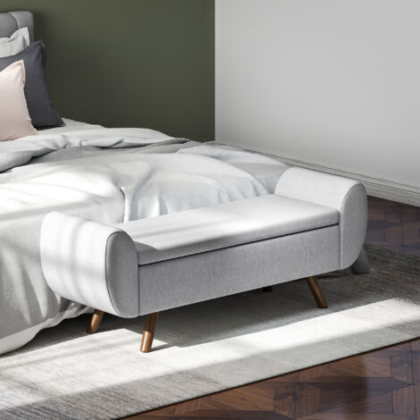 Panca Contenitore Fondo Letto con Braccioli, Pouf in Tessuto con Gambe in Legno e Vano da 53.8L, per Camera e Salotto, 132x42x50 cm, Grigio