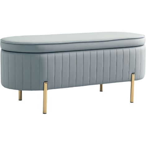 Panca Contenitore Ovale 108x44x43,5 cm con Coperchio Sollevabile in Tessuto Vellutato Grigio
